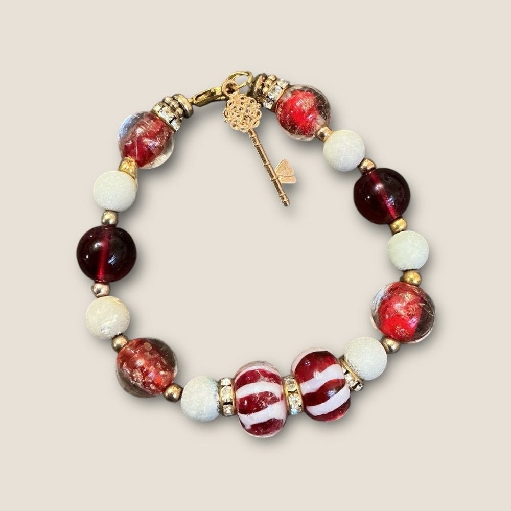 Elegant Red and White  Glass Beaded Bracelet